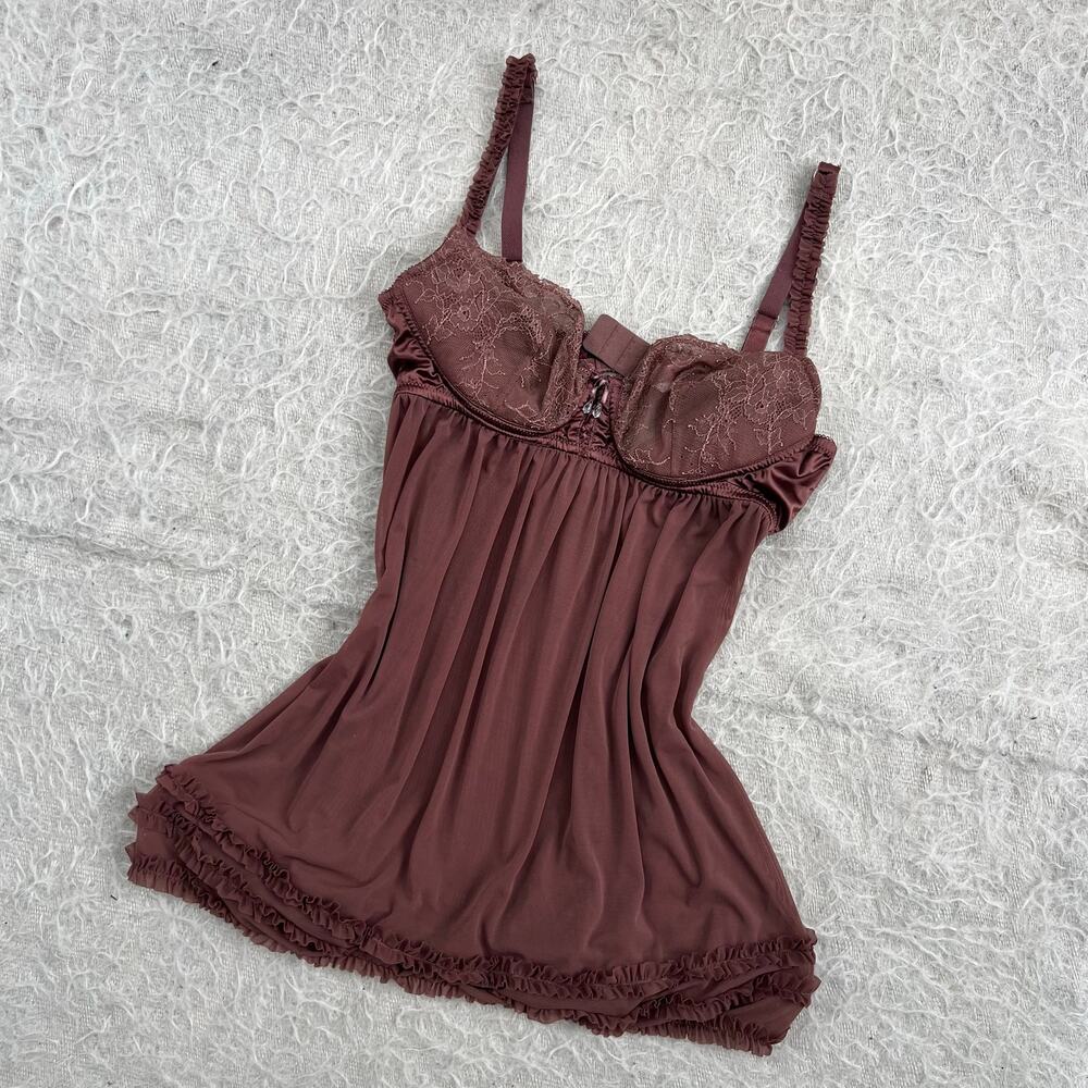 Y2K Chocolate Brown Lace Bustier Babydoll Top – 38C